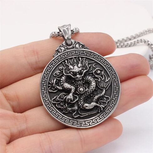 Chinese Dragon Necklace for Men, Dragon Chinese Character Necklace, Hip Hop Dragon Pendant Necklace with 23.6"Chain, Stainless Steel Punk Rock Dragon Kanji Pendant, Vintage Dragon Tag Necklace Jewelry Gift for Men Boys in Saudi Arabia
