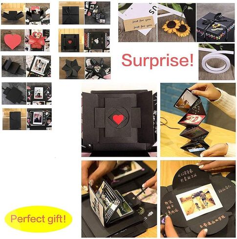 صندوق هدايا صندوق هدايا إبداعي، ألبوم صور DIY لذاكرة الحب كهدية عيد ميلاد وحلقة صندوق مفاجأة حول زهور الحب مفتوحة بمقاس 35.56 سم × 35.56 سم (أسود) (انقر لتحديد أسود) in Kuwait