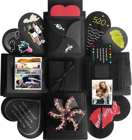 صندوق هدايا صندوق هدايا إبداعي، ألبوم صور DIY لذاكرة الحب كهدية عيد ميلاد وحلقة صندوق مفاجأة حول زهور الحب مفتوحة بمقاس 35.56 سم × 35.56 سم (أسود) (انقر لتحديد أسود) in Kuwait