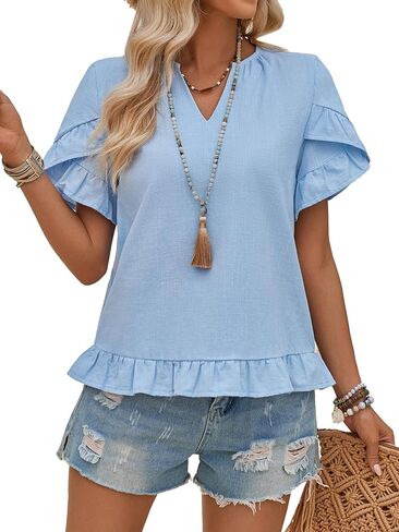 LYANER Women's V Neck Petal Short Sleeve Ruffle Hem Solid Pullover Tee Shirt Blouse Top in Saudi Arabia