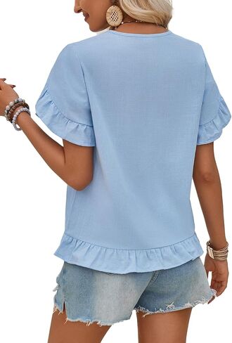 LYANER Women's V Neck Petal Short Sleeve Ruffle Hem Solid Pullover Tee Shirt Blouse Top in Saudi Arabia