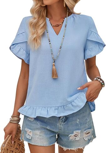 LYANER Women's V Neck Petal Short Sleeve Ruffle Hem Solid Pullover Tee Shirt Blouse Top in Saudi Arabia