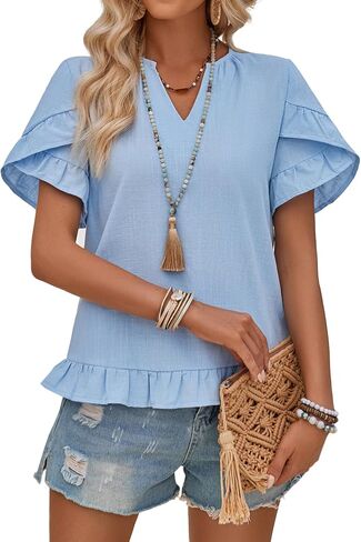 LYANER Women's V Neck Petal Short Sleeve Ruffle Hem Solid Pullover Tee Shirt Blouse Top in Saudi Arabia