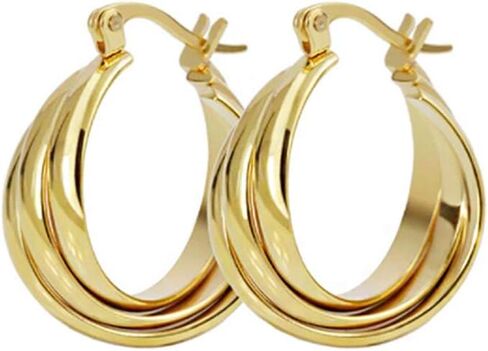 NewZenro Three Hoops Flat Stainless Steel 14K Yellow Gold Fashion Wide Chunky Hoop Earrings for Women Girls Sensitive Ears Dainty Thick Huggie Hoops Piercing Click Top Hypoallergenic Sensitive Ear in Saudi Arabia
