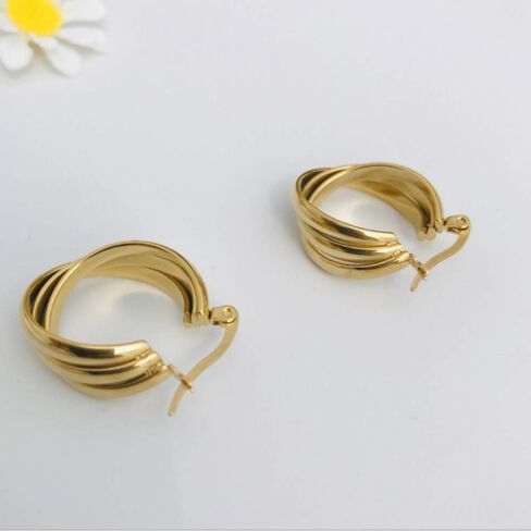 NewZenro Three Hoops Flat Stainless Steel 14K Yellow Gold Fashion Wide Chunky Hoop Earrings for Women Girls Sensitive Ears Dainty Thick Huggie Hoops Piercing Click Top Hypoallergenic Sensitive Ear in Saudi Arabia