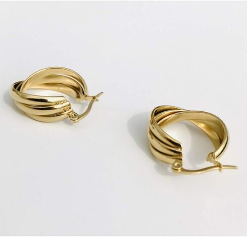 NewZenro Three Hoops Flat Stainless Steel 14K Yellow Gold Fashion Wide Chunky Hoop Earrings for Women Girls Sensitive Ears Dainty Thick Huggie Hoops Piercing Click Top Hypoallergenic Sensitive Ear in Saudi Arabia