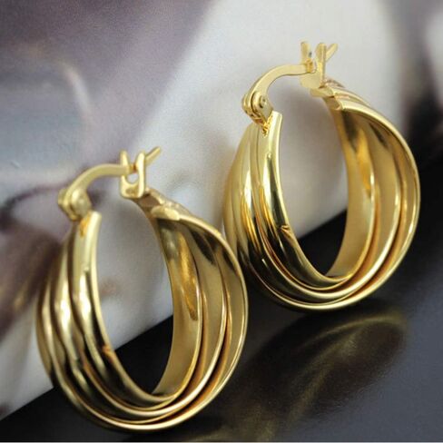 NewZenro Three Hoops Flat Stainless Steel 14K Yellow Gold Fashion Wide Chunky Hoop Earrings for Women Girls Sensitive Ears Dainty Thick Huggie Hoops Piercing Click Top Hypoallergenic Sensitive Ear in Saudi Arabia