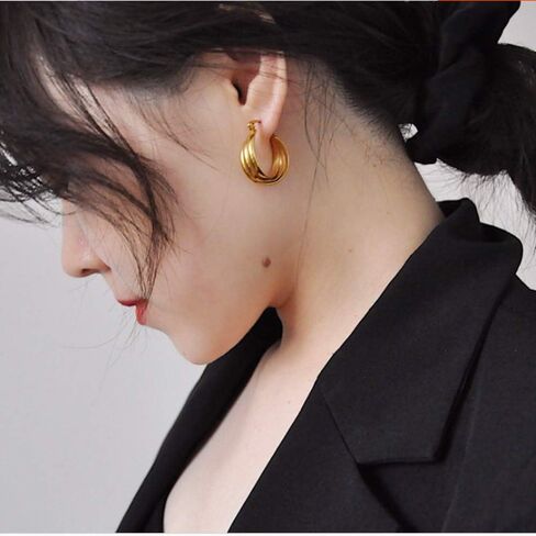 NewZenro Three Hoops Flat Stainless Steel 14K Yellow Gold Fashion Wide Chunky Hoop Earrings for Women Girls Sensitive Ears Dainty Thick Huggie Hoops Piercing Click Top Hypoallergenic Sensitive Ear in Saudi Arabia
