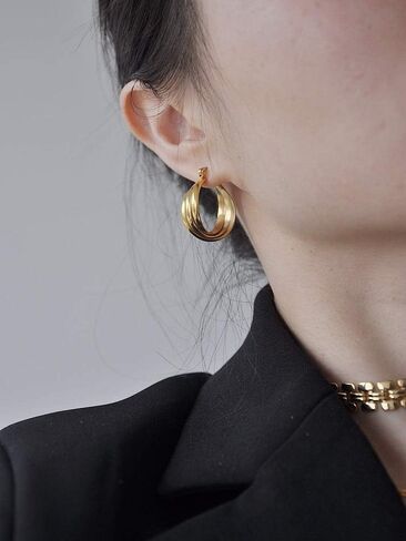 NewZenro Three Hoops Flat Stainless Steel 14K Yellow Gold Fashion Wide Chunky Hoop Earrings for Women Girls Sensitive Ears Dainty Thick Huggie Hoops Piercing Click Top Hypoallergenic Sensitive Ear in Saudi Arabia