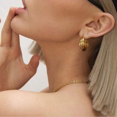 NewZenro Three Hoops Flat Stainless Steel 14K Yellow Gold Fashion Wide Chunky Hoop Earrings for Women Girls Sensitive Ears Dainty Thick Huggie Hoops Piercing Click Top Hypoallergenic Sensitive Ear in Saudi Arabia