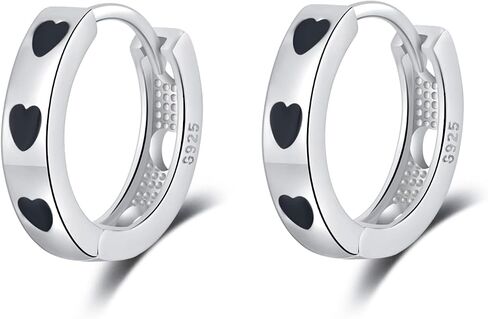 SLUYNZ 925 Sterling Silver Black Heart Hoop Earrings for Women Teen Girls Minimalist Chunky Hoop Earrings 1.3CM Hoop in Saudi Arabia