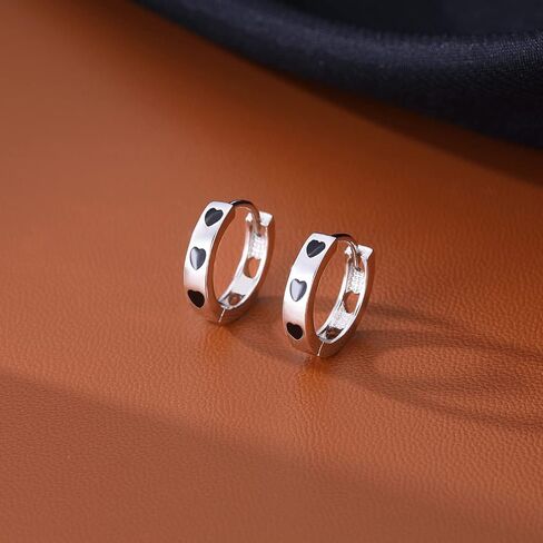 SLUYNZ 925 Sterling Silver Black Heart Hoop Earrings for Women Teen Girls Minimalist Chunky Hoop Earrings 1.3CM Hoop in Saudi Arabia