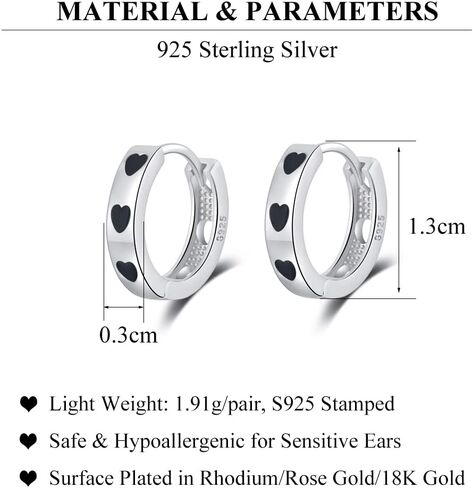 SLUYNZ 925 Sterling Silver Black Heart Hoop Earrings for Women Teen Girls Minimalist Chunky Hoop Earrings 1.3CM Hoop in Saudi Arabia