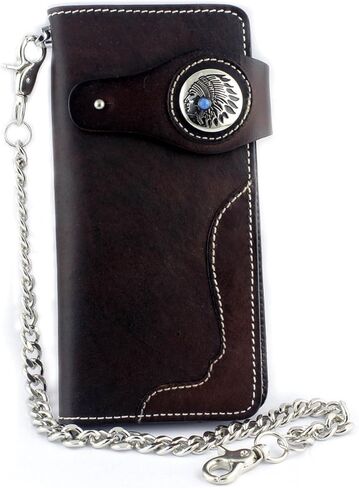 محفظة جلدية طويلة مصنوعة يدويا بتصميم راس رئيس راكبي الدراجات الامريكية الهندية مع سلسلة، بني، مقاس واحد, بني, One Size in Kuwait