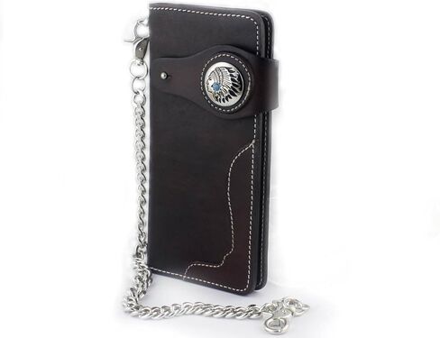 محفظة جلدية طويلة مصنوعة يدويا بتصميم راس رئيس راكبي الدراجات الامريكية الهندية مع سلسلة، بني، مقاس واحد, بني, One Size in Kuwait