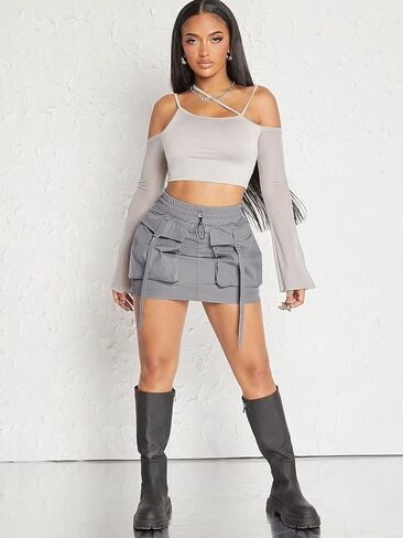 WDIRARA Women's Drawstring Elastic Waist Streetwear Mini Cargo Skirt with Pockets in Saudi Arabia