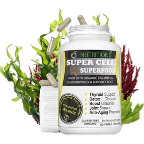 O NUTRITIONS Super Cell Superfood Sea Moss - كبسولات طحالب البحر العضوية المعتمدة للرجال والنساء - مكملات متقدمة مع طحلب البحر الأيرلندي، Bladderwrack، جذر الأرقطيون