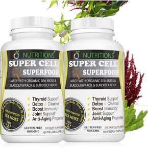 O NUTRITIONS Super Cell Superfood Sea Moss - كبسولات طحالب البحر العضوية المعتمدة للرجال والنساء - مكملات متقدمة مع طحلب البحر الأيرلندي، Bladderwrack، جذر الأرقطيون