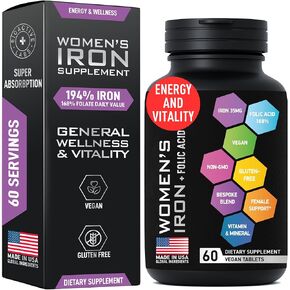 Vegan Iron Supplements for Women with Folic Acid - 168% Folate Folic Acid, 194% Ferrous Sulfate Blood Builder Iron Pills for Women with Anemia and Pregnant Women - 60 Gluten-Free Gentle Iron Tablets