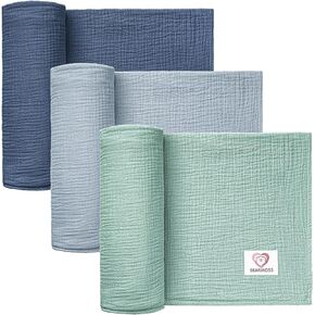 Bearmoss Muslin Swaddle Blankets 3 Pack Cotton Newborn Receiving Blanket, Large 45 x 45 inches, Soft Breathable Baby Swaddles for Boys & Girls (Indigo Tree)