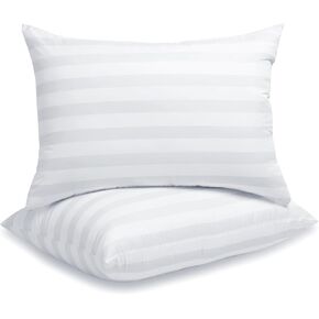 LAVANCE Pillows Queen Size Set of 2 Hotel Collection Pillows 3D Down Alternative Fiber Filling Bed Pillow Medium Neck Support for Back, Stomach or Side Sleepers-1.2" White Striped, 20"x28"
