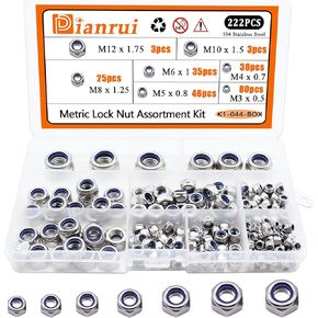 Dianrui 222Pcs 304 Stainless Steel Metric Lock Nuts Assortment Kit,Nylon Insert Hex Locknut M3 M4 M5 M6 M8 M10 M12 for Lock Washers K1-044-BOX