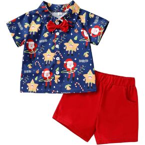 JEELLIGULAR Kids Toddler Baby Boy Christmas Clothes Santa Print Button Down Shirt Shorts Set Gentlemen Outfits