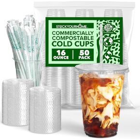 Stock Your Home 16 oz Clear Compostable Cups with Lids and Straws (Set of 50) Plant Based Biodegradable Cold Cups No Plastic Eco Party Cup, Environmentally Friendly Recyclable Disposable Sustainable