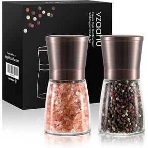 Vzaahu Stainless Steel Salt and Pepper Grinder Set of 2 With Holder, Adjustable Coarseness Ceramic Grinder Refillable Mill Set for Home BBQ Kitchen Housewarming Gift