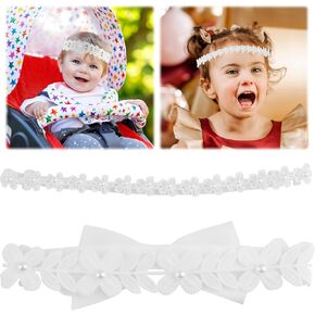 Jawfait Elegant Baby Girl Flower Headbands Set, Elastic Soft Hair Band Lace Wraps for Newborns, Infants, and Toddlers - Perfect Christening, Baptism, and Birthday Hair Accessories (2-Pack)