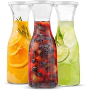 Kook Glass Carafe Pitchers, Beverage Dispensers, Clear Jugs For Mimosa Bar, Water, Wine, Milk and Juice, with Plastic Lids, Dishwasher Safe, 35 oz, Set of 3
