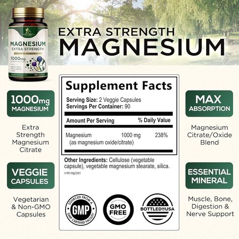 Magnesium Extra Strength 1000mg - Chelated for Max Absorption, Magnesium Capsules for Bone, Muscle & Heart Health Support, Nature's Magnesium Citrate Oxide Supplement, Vegan, Non-GMO - 60 Capsules in Kuwait
