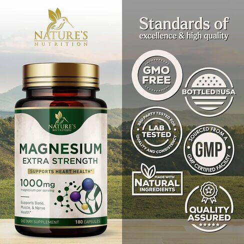 Magnesium Extra Strength 1000mg - Chelated for Max Absorption, Magnesium Capsules for Bone, Muscle & Heart Health Support, Nature's Magnesium Citrate Oxide Supplement, Vegan, Non-GMO - 60 Capsules in Kuwait