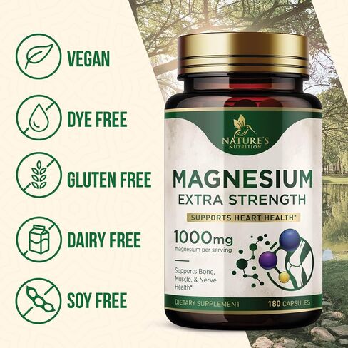 Magnesium Extra Strength 1000mg - Chelated for Max Absorption, Magnesium Capsules for Bone, Muscle & Heart Health Support, Nature's Magnesium Citrate Oxide Supplement, Vegan, Non-GMO - 60 Capsules in Kuwait