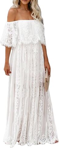 HOYISHION Women's Off The Shoulder Floral Lace Maxi Dress White Bridesmaid Wedding Party Maternity Photoshoot Long Dresses in Saudi Arabia