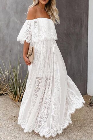 HOYISHION Women's Off The Shoulder Floral Lace Maxi Dress White Bridesmaid Wedding Party Maternity Photoshoot Long Dresses in Saudi Arabia