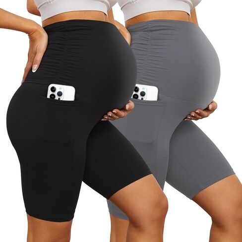 YOLIX مجموعة من 2 شورت للحمل فوق البطن، شورت أسود عالي الخصر للتمرين مقاس 8 بوصات مع جيوب in Kuwait