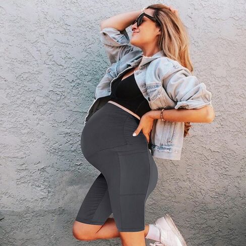 YOLIX مجموعة من 2 شورت للحمل فوق البطن، شورت أسود عالي الخصر للتمرين مقاس 8 بوصات مع جيوب in Kuwait