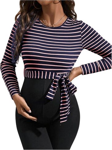 OYOANGLE Women's Maternity Striped Zipper Round Neck Colorblock Long Sleeve Belted Loose Long Pants Casual Jumpsuit in Saudi Arabia