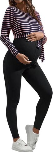 OYOANGLE Women's Maternity Striped Zipper Round Neck Colorblock Long Sleeve Belted Loose Long Pants Casual Jumpsuit in Saudi Arabia