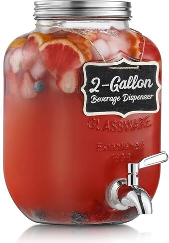 2 Gallon Glass Beverage Dispenser with Stand and Lid, 18/8 Stainless Steel Spigot - Glass Drink Dispensers for Parties - Mason Jar Drink Dispensers with Lids in Saudi Arabia