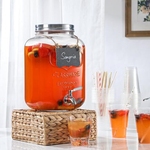 2 Gallon Glass Beverage Dispenser with Stand and Lid, 18/8 Stainless Steel Spigot - Glass Drink Dispensers for Parties - Mason Jar Drink Dispensers with Lids in Saudi Arabia