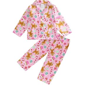 Ayalinggo Toddler Kids Baby Girl Solid Pjs Ruffle Long Sleeve Button Shirt Top and Pants Cotton 2Piece Pajamas Set
