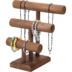 IRIIJANE 3-Tier Bracelet Holder Stand Display Wooden T-Bar Bracelets Holder Organizer for Displays, Storage Stand Tower for Bangle