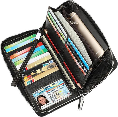 محفظة Lavemi النسائية RFID Blocking 100% جلدية ذات سعة كبيرة وسحاب حول المحفظة وحامل الهاتف ومحفظة السفر ومحفظة السوار in Kuwait