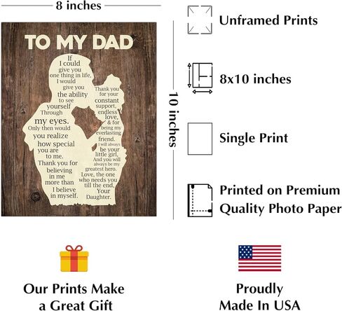 "To My Dad - Thank You"-Inspirational Father's Day Quotes Wall Art -8 x 10" Father & Daughter Keepsake Print -Ready to Frame. Perfect Home-Office Decor. Heartfelt Gift of Gratitude for All Dads! in Saudi Arabia