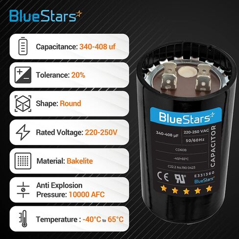 BlueStars 460-552 فائق التوهج MFD 50/60 هرتز 110-125 فولت تيار متردد مكثف بدء مستدير - مناسب عالمي لمكيفات الهواء وتطبيقات المحركات الكهربائية الأخرى - حزمة من 1 in Kuwait