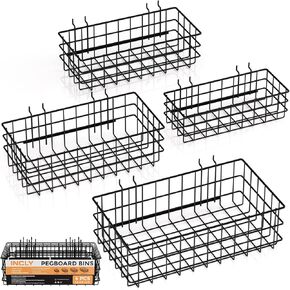INCLY 4 Pack Pegboard Baskets Bins Set, Square Style 4 Size Black Metal Wire Shelves Hooks to Any Peg Board - Organize Tools, Workbench, Accessories, Garage Storage Organizer Attachments