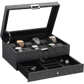 BEWISHOME Watch Box for Men Luxury Watch Organizer Faux Leather Watch Case with Jewelry Drawer, Real Glass Top, Metal Hinge, Brown SSH12Z