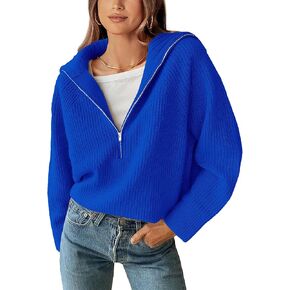 BTFBM Women’s Casual Long Sleeve Half Zip Pullover Sweaters Solid V Neck Collar Ribbed Knitted Loose Slouchy Jumper Tops